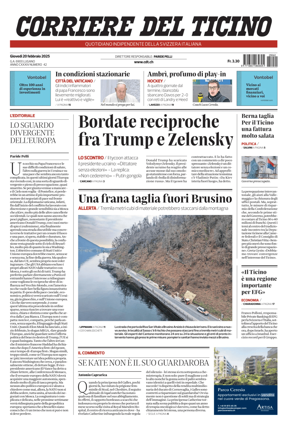 Prima-pagina-corriere-del-ticino-oggi-edizione-di-oggi-20250220