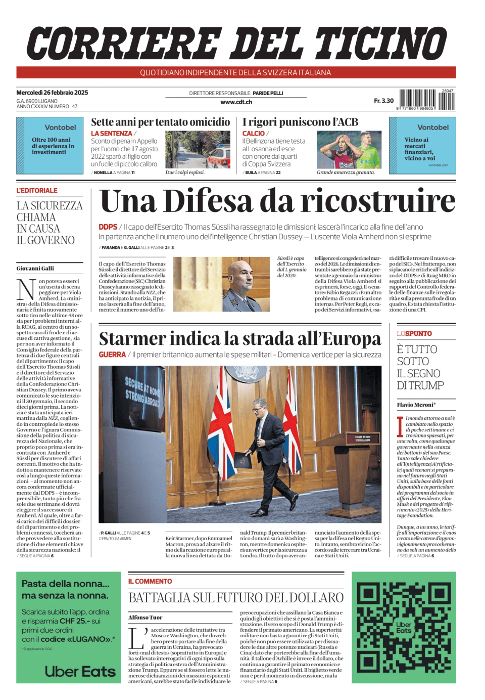 Prima-pagina-corriere-del-ticino-oggi-edizione-di-oggi-20250226