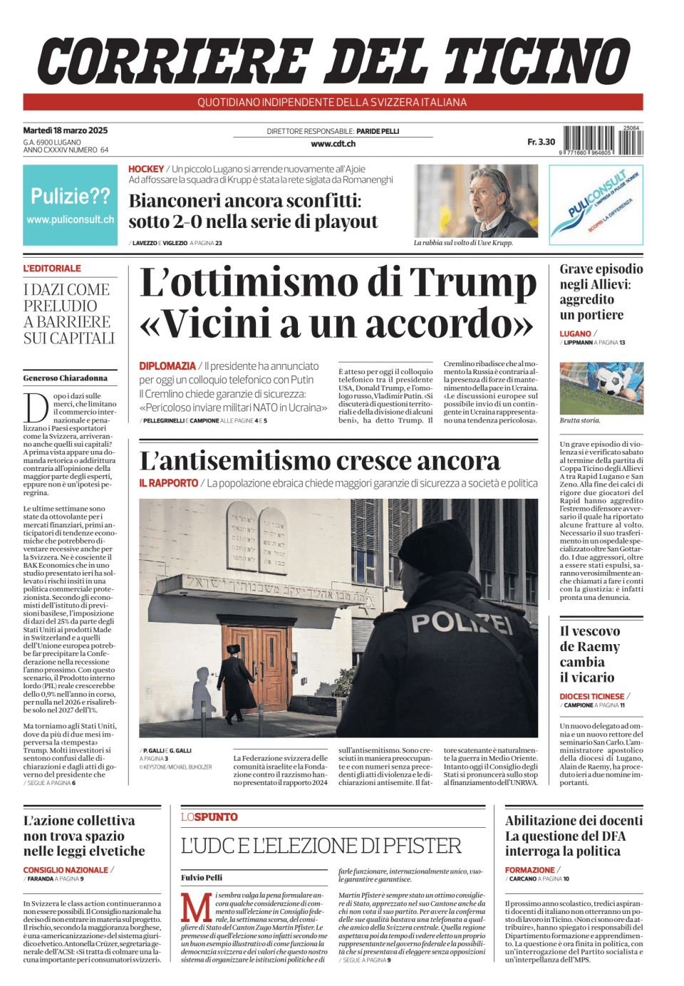 Prima-pagina-corriere-del-ticino-oggi-edizione-di-oggi-20250318