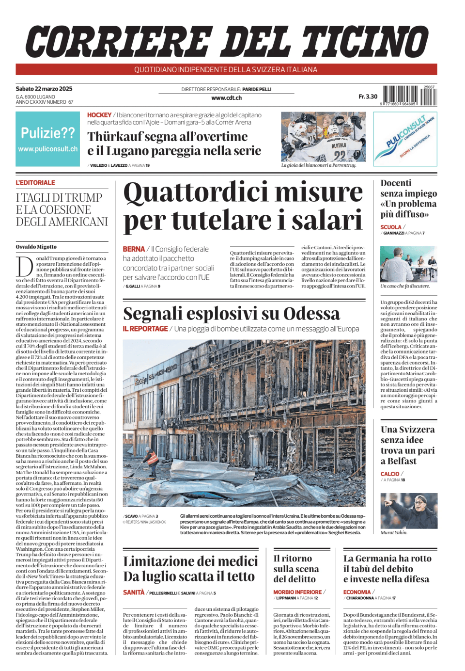 Prima-pagina-corriere-del-ticino-oggi-edizione-di-oggi-20250322