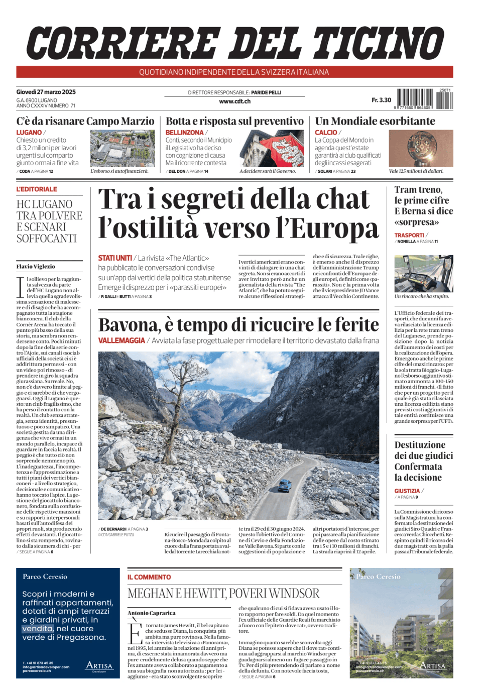 Prima-pagina-corriere-del-ticino-oggi-edizione-di-oggi-20250327