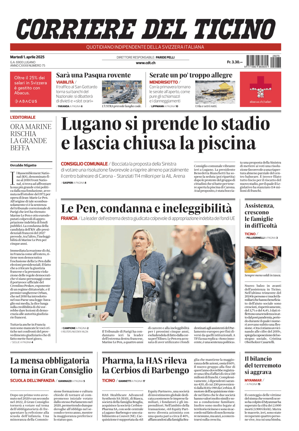 Prima-pagina-corriere-del-ticino-oggi-edizione-di-oggi-20250401