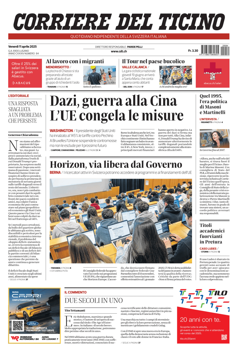 Prima-pagina-corriere-del-ticino-oggi-edizione-di-oggi-20250411