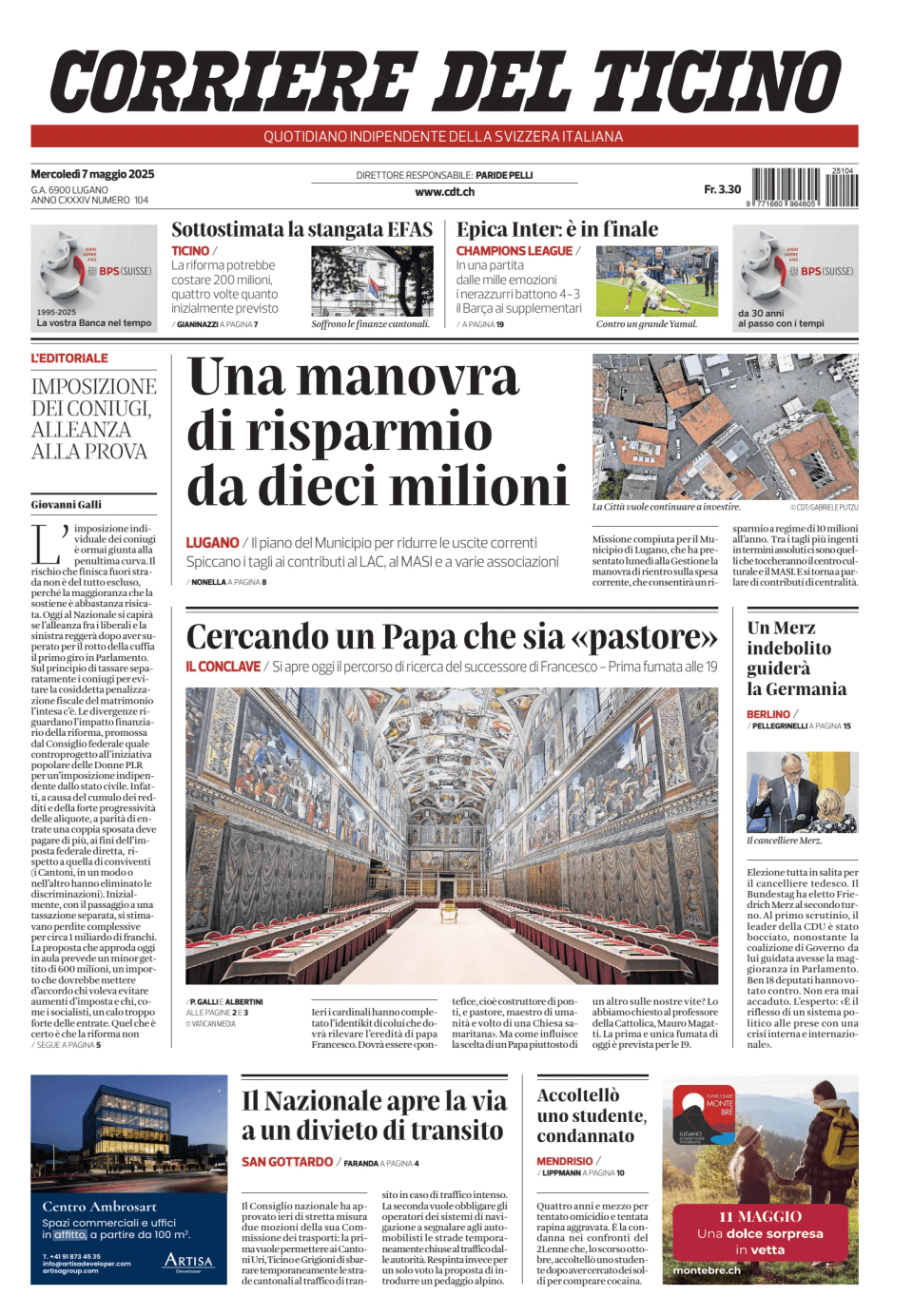 Prima-pagina-corriere-del-ticino-oggi-edizione-di-oggi-20250507