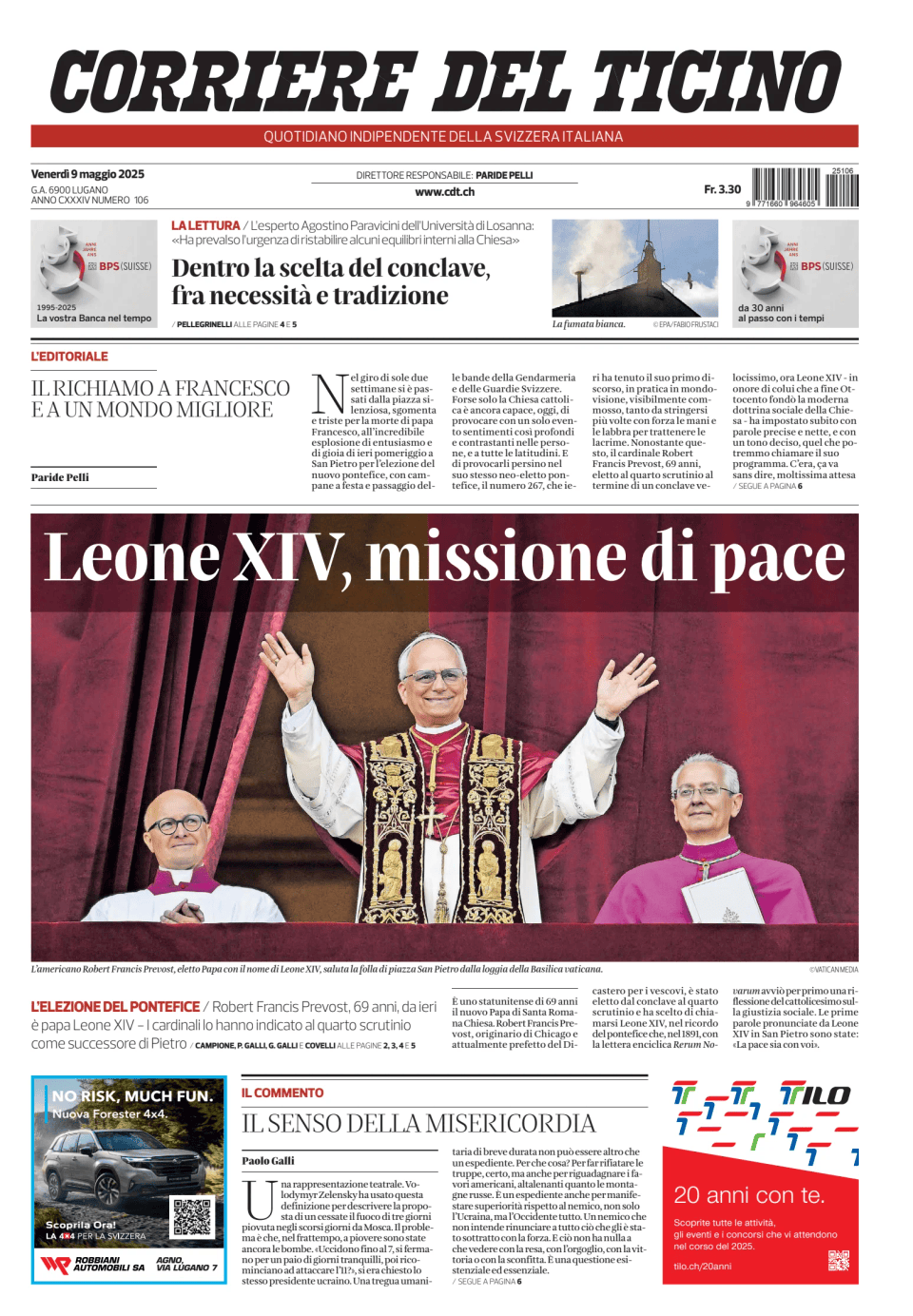 Prima-pagina-corriere-del-ticino-oggi-edizione-di-oggi-20250509