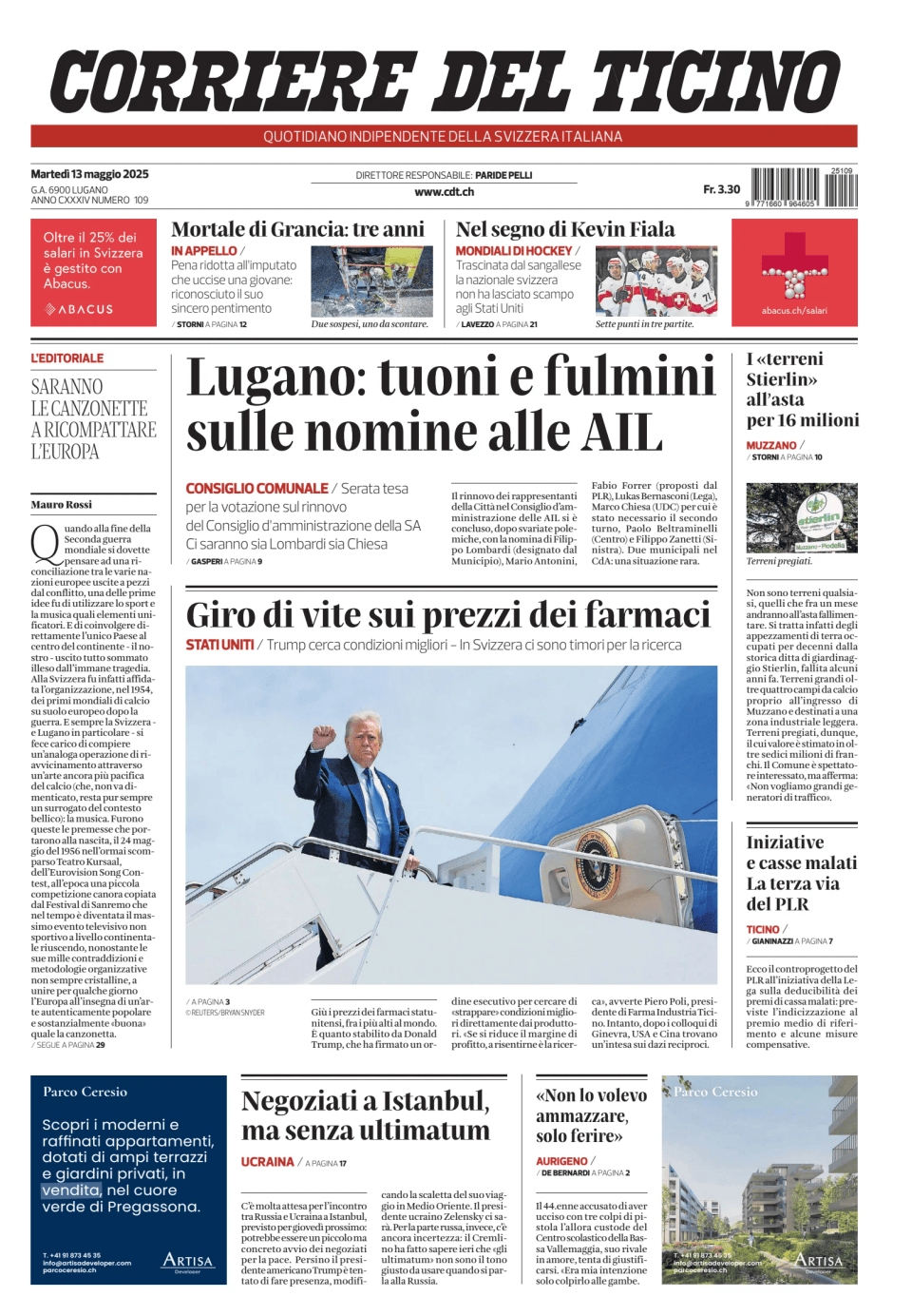 Prima-pagina-corriere-del-ticino-oggi-edizione-di-oggi-20250513