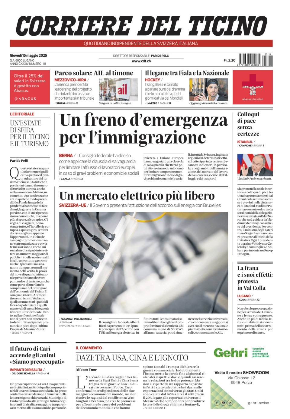 Prima-pagina-corriere-del-ticino-oggi-edizione-di-oggi-20250515