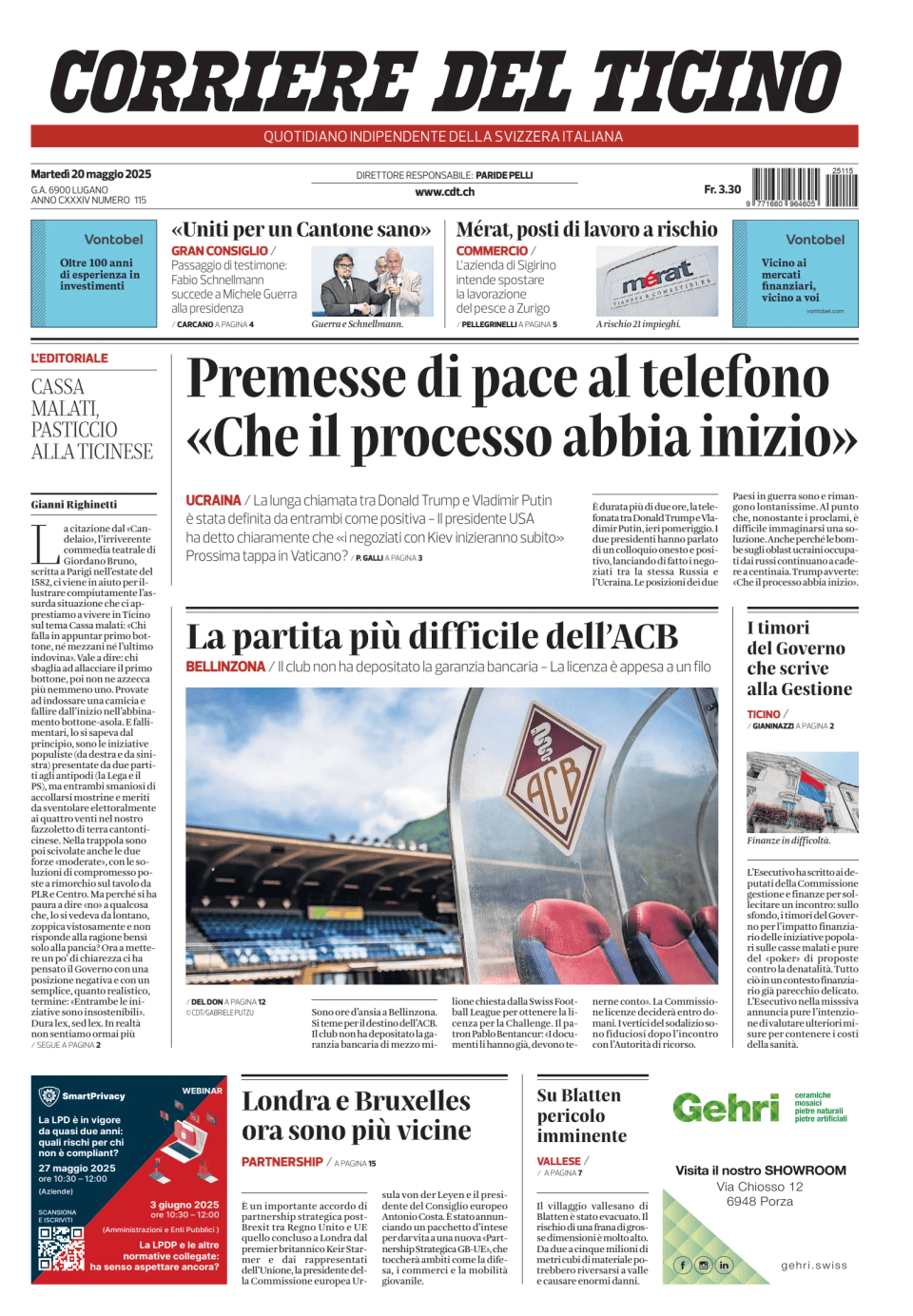 Prima-pagina-corriere-del-ticino-oggi-edizione-di-oggi-20250520