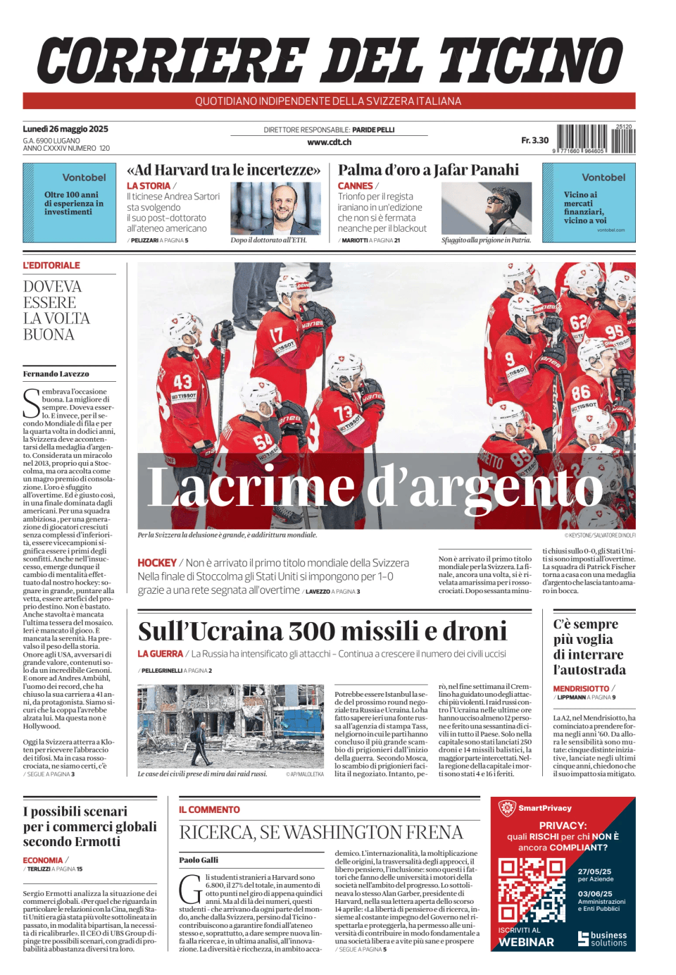 Prima-pagina-corriere-del-ticino-oggi-edizione-di-oggi-20250526