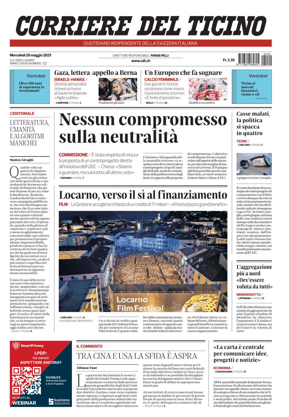Prima-pagina-corriere-del-ticino-oggi-edizione-di-oggi-20250528