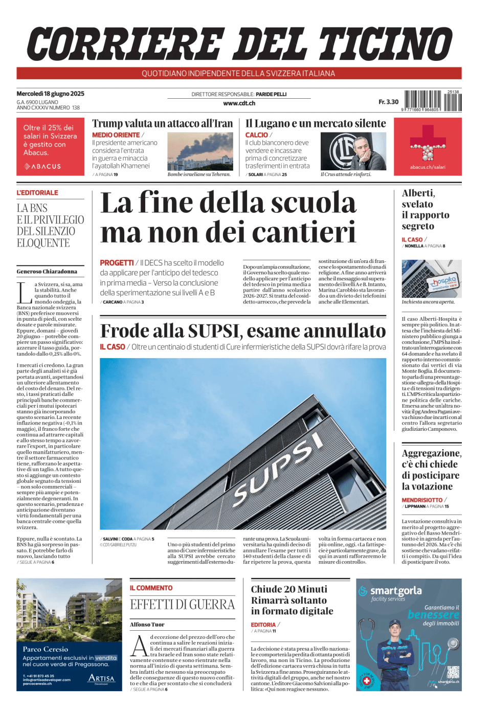 Prima-pagina-corriere-del-ticino-oggi-edizione-di-oggi-20250618