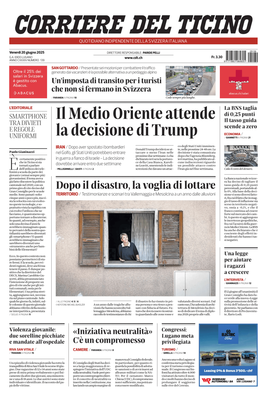 Prima-pagina-corriere-del-ticino-oggi-edizione-di-oggi-20250620