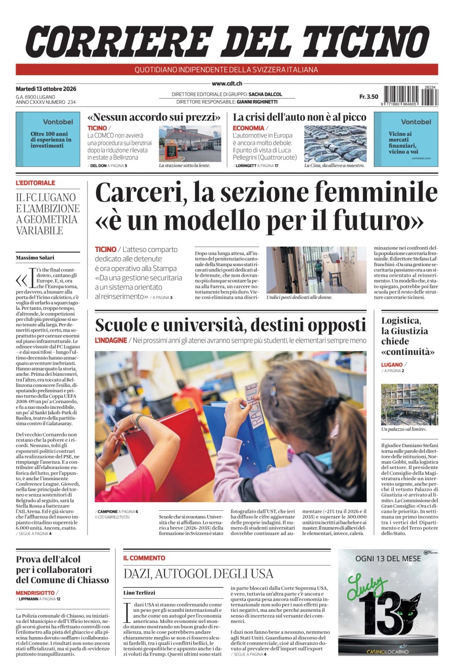 Prima-pagina-corriere-del-ticino-oggi-edizione-di-oggi-20261013