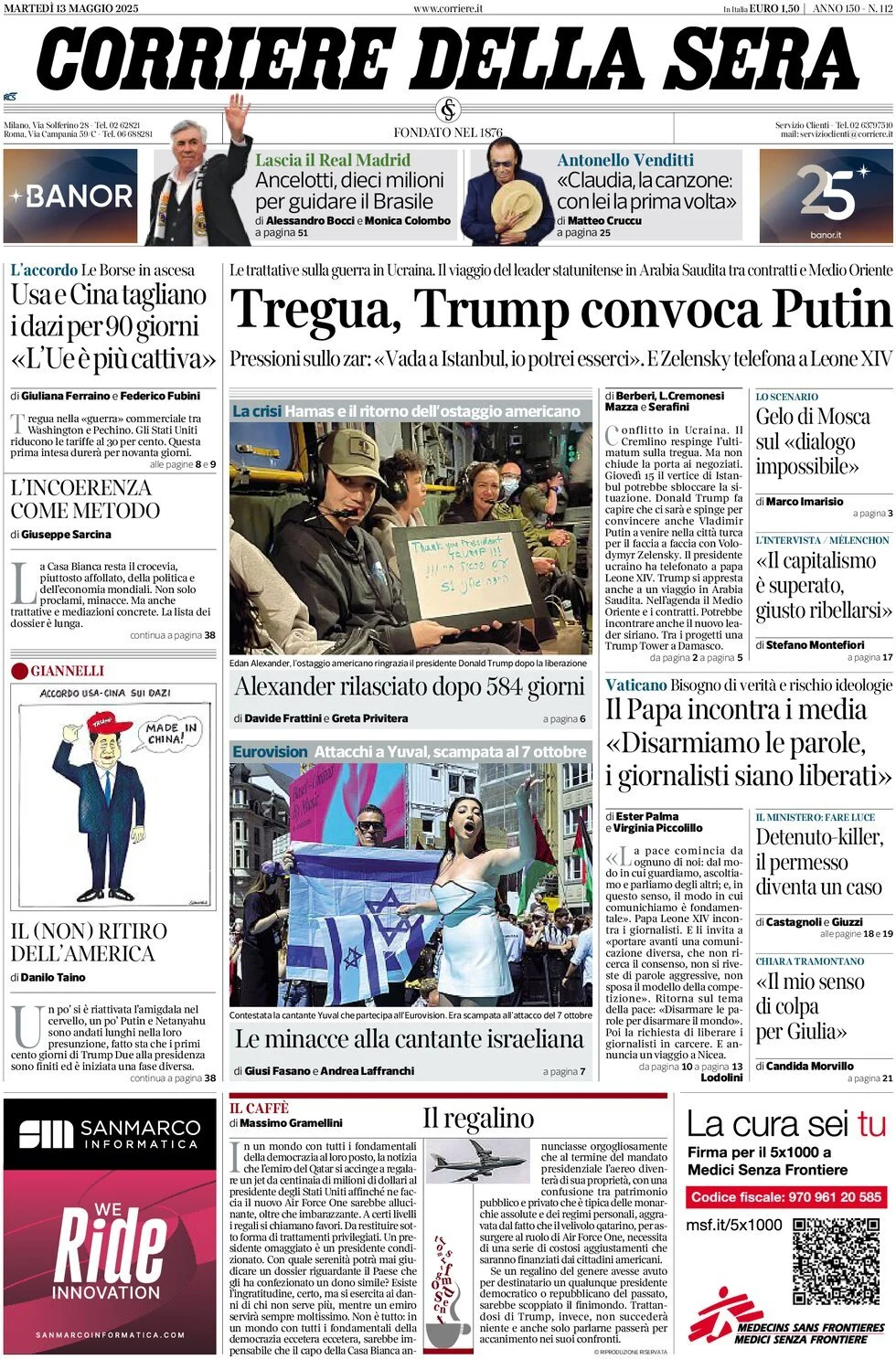 Prima-pagina-corriere-della-sera-edizione-di-oggi-13-05-2025