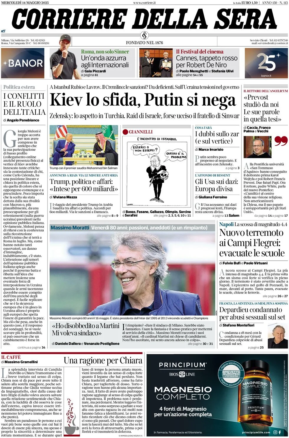 Prima-pagina-corriere-della-sera-edizione-di-oggi-14-05-2025