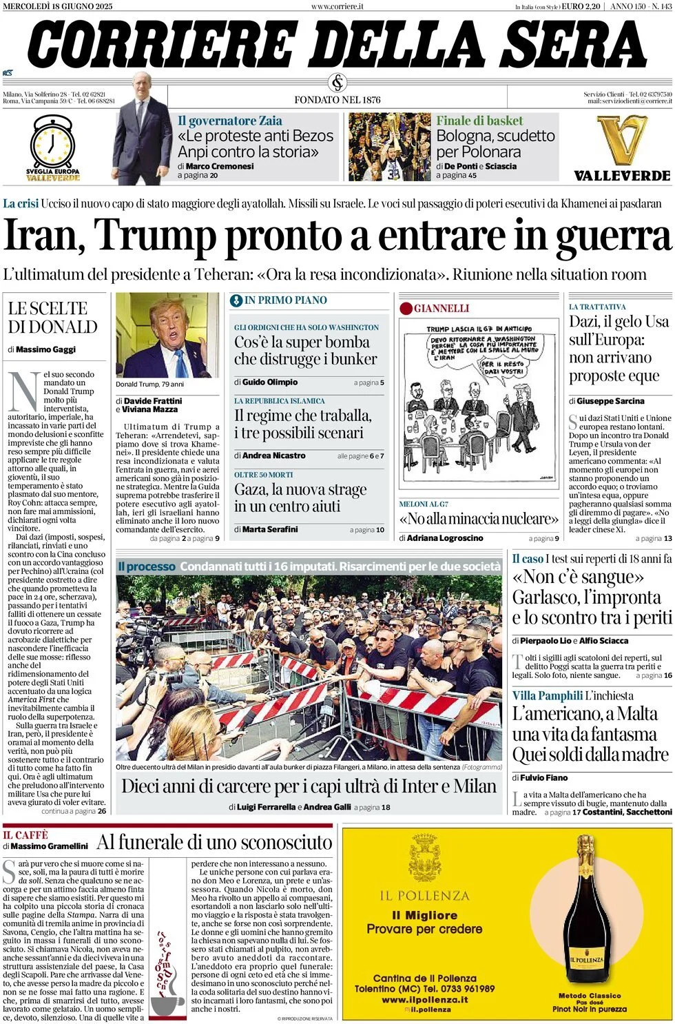 Prima-pagina-corriere-della-sera-edizione-di-oggi-18-06-2025
