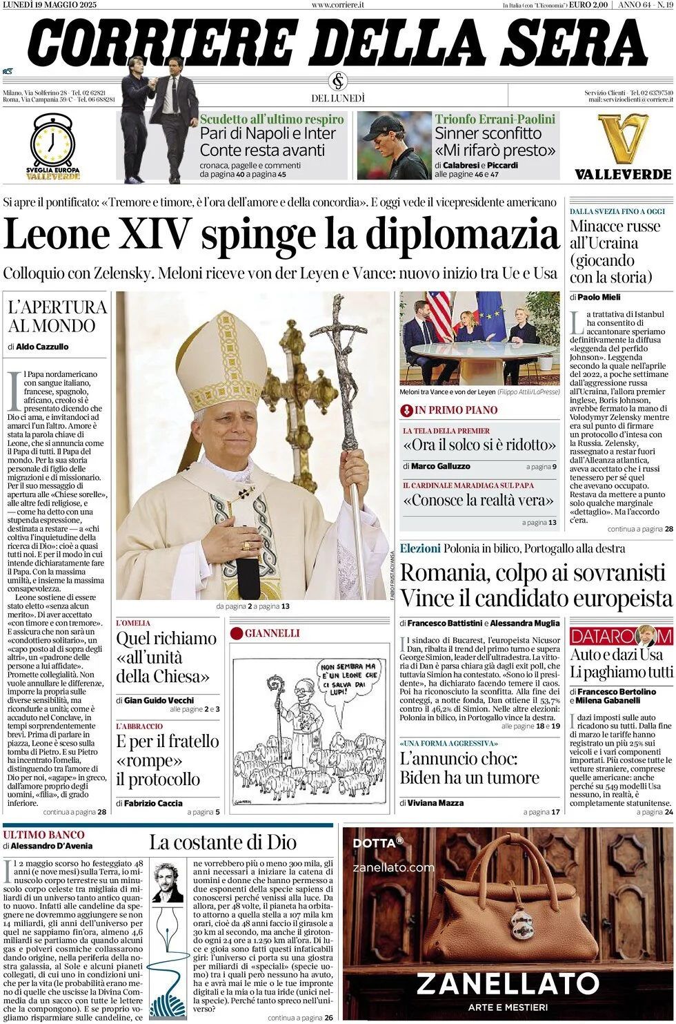Prima-pagina-corriere-della-sera-edizione-di-oggi-19-05-2025