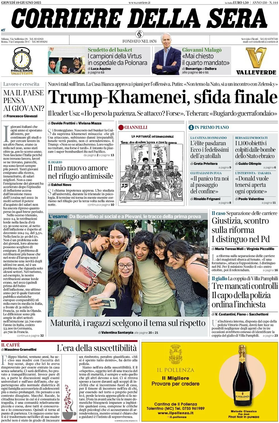 Prima-pagina-corriere-della-sera-edizione-di-oggi-19-06-2025