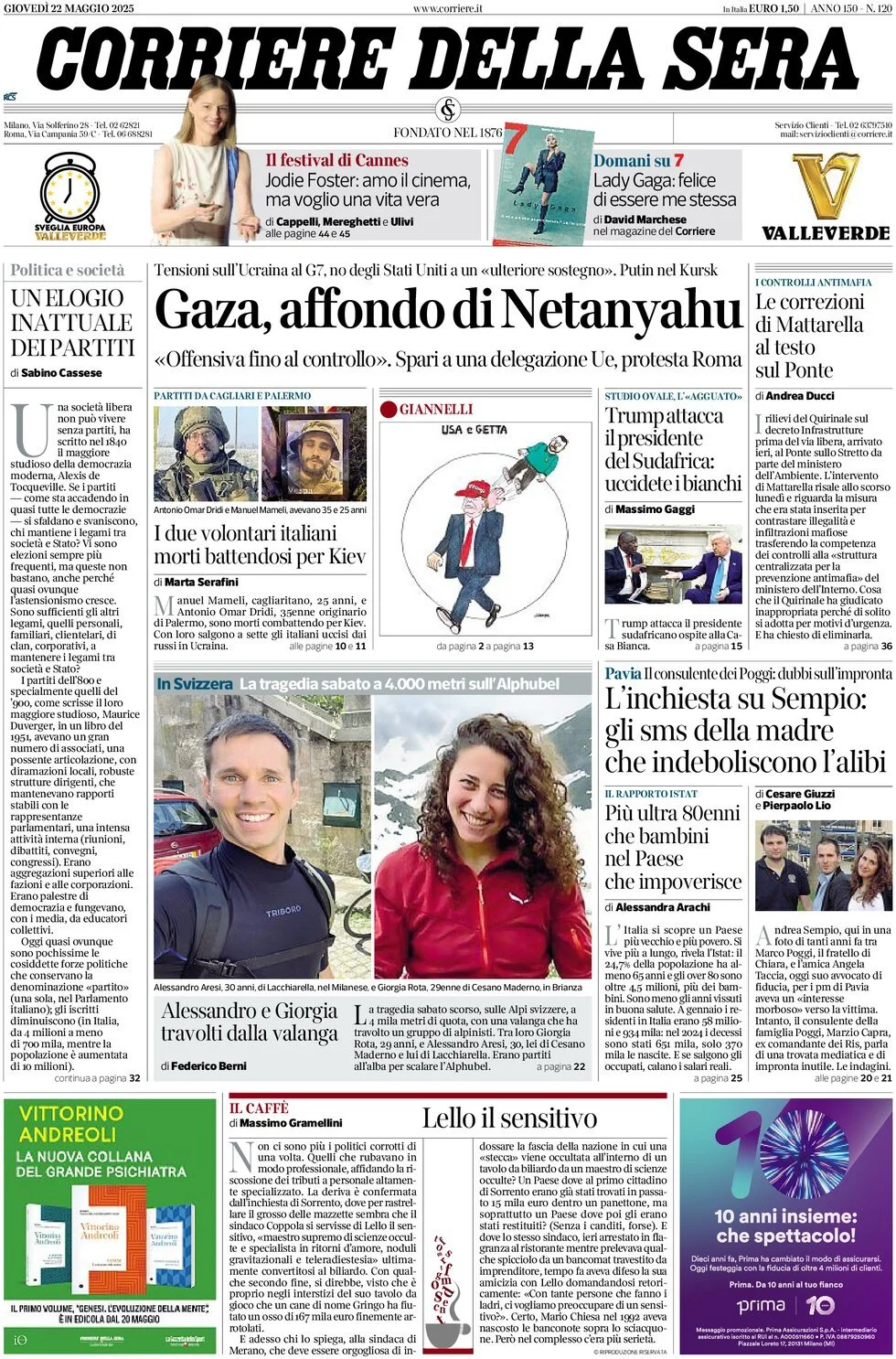 Prima-pagina-corriere-della-sera-edizione-di-oggi-22-05-2025