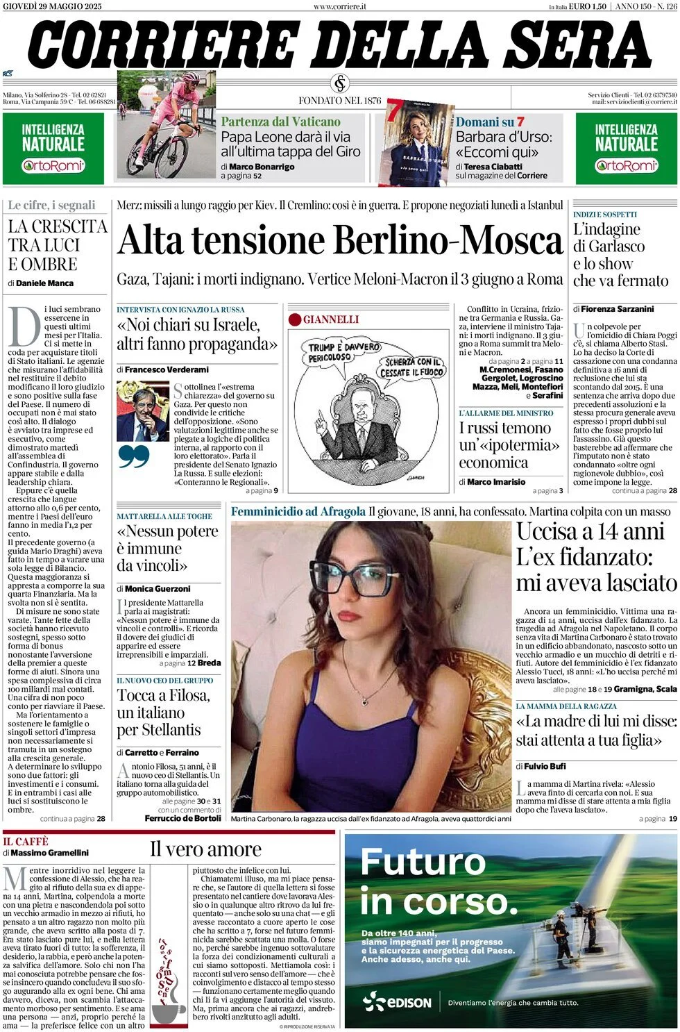 Prima-pagina-corriere-della-sera-edizione-di-oggi-29-05-2025