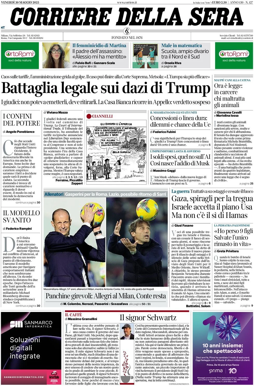 Prima-pagina-corriere-della-sera-edizione-di-oggi-30-05-2025