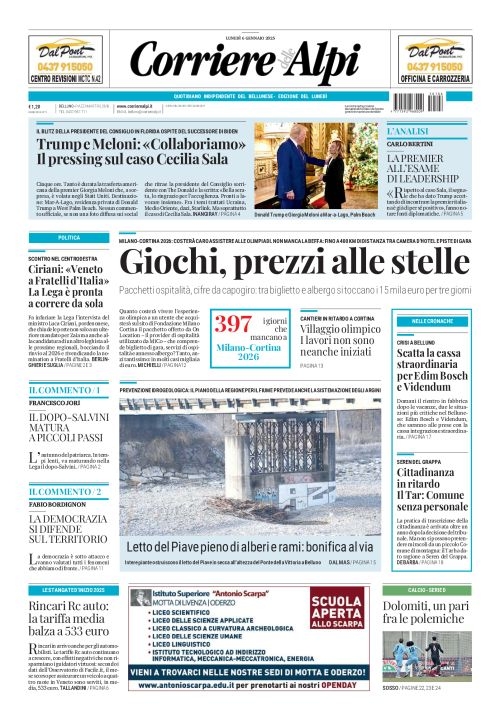 Prima-pagina-corriere_delle_alpi-edizione-di-oggi-06-01-2025