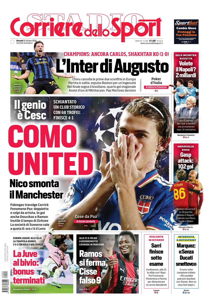 Prima-pagina-corriere-dello-sport-edizione-di-oggi-22-10-2026