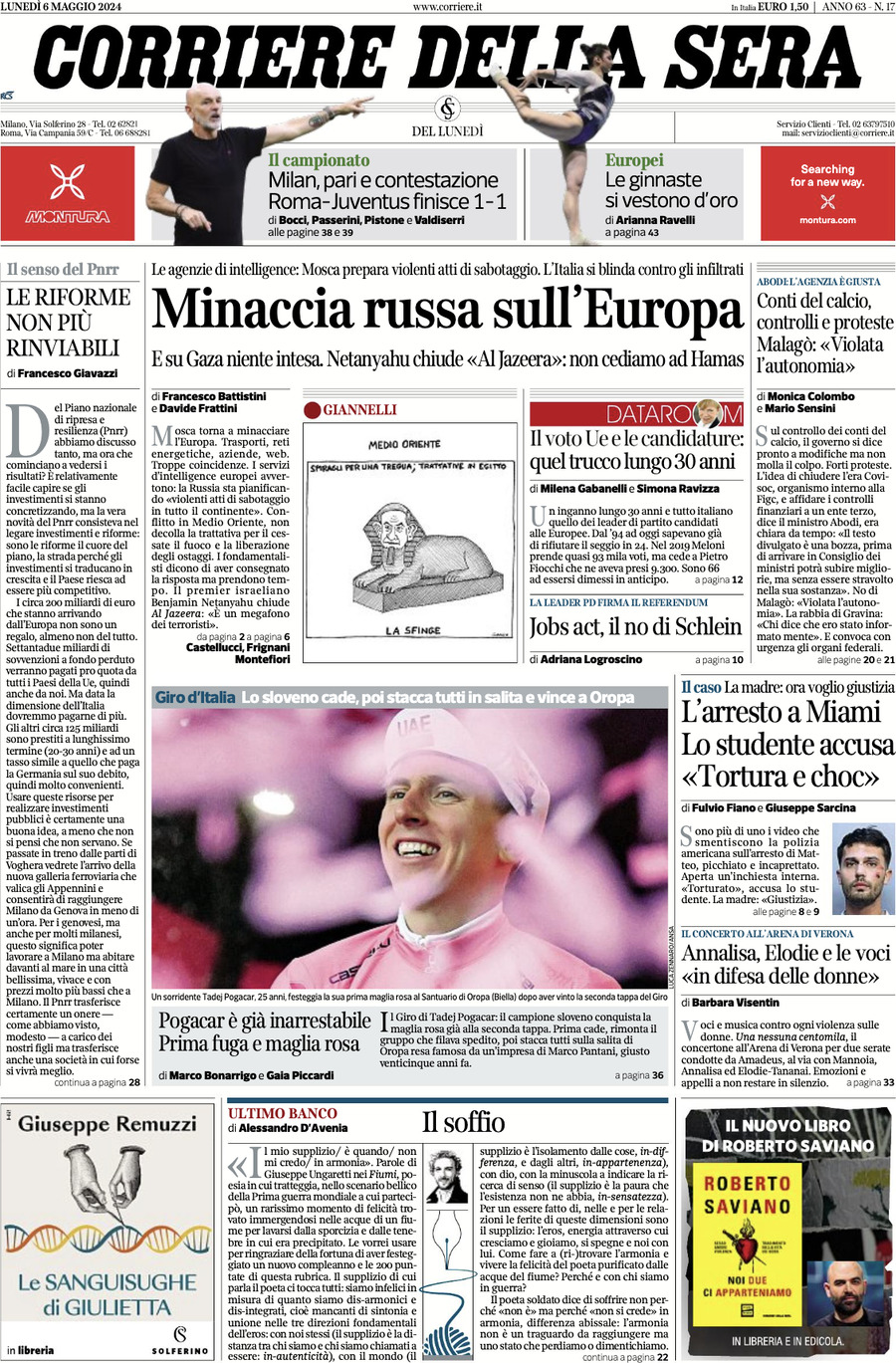 Prima-pagina-del-corriere-della-sera-edizione-di-oggi-06-05-2024