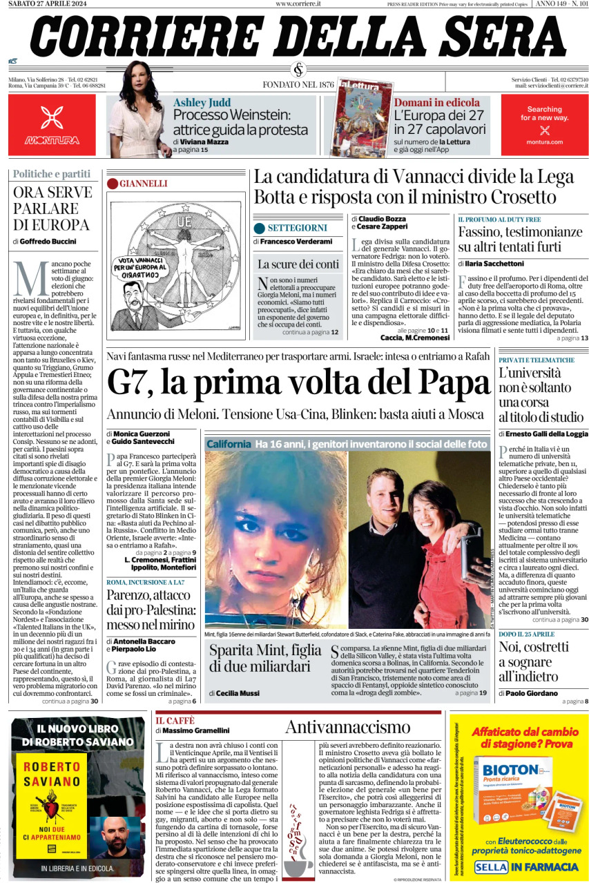 Prima-pagina-del-corriere-della-sera-edizione-di-oggi-27-04-2024