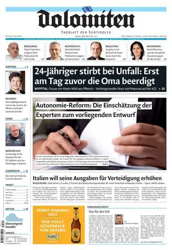 Prima-pagina-dolomiten-del-2025-04-14