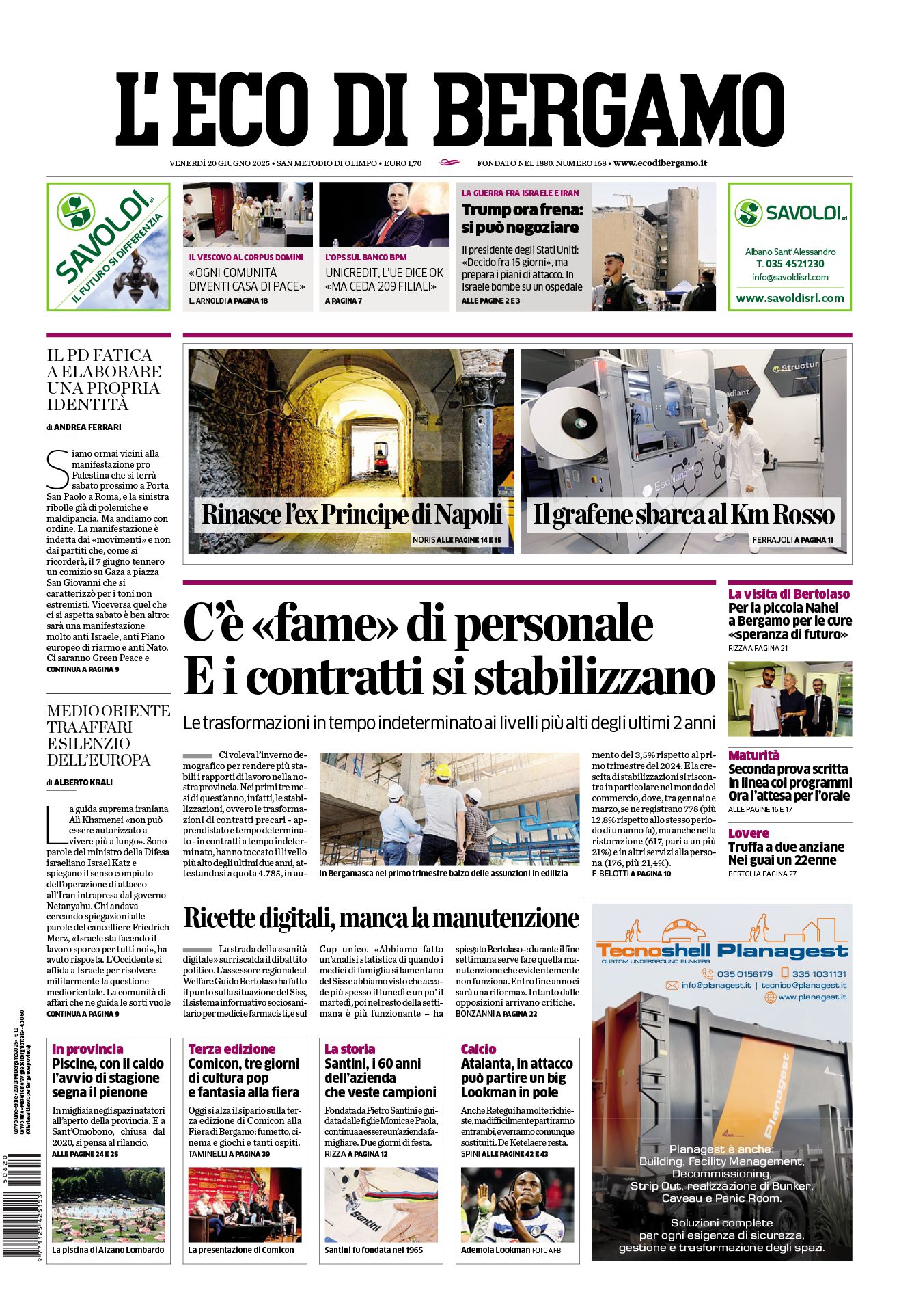 Prima-pagina-eco-di-bergamo-edizione-di-oggi-20-06-2025