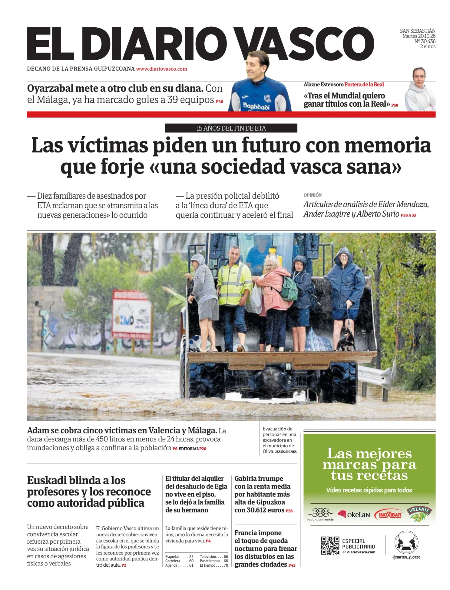 Prima-pagina-el-diario-vasco-oggi-edizione-di-oggi-20261020