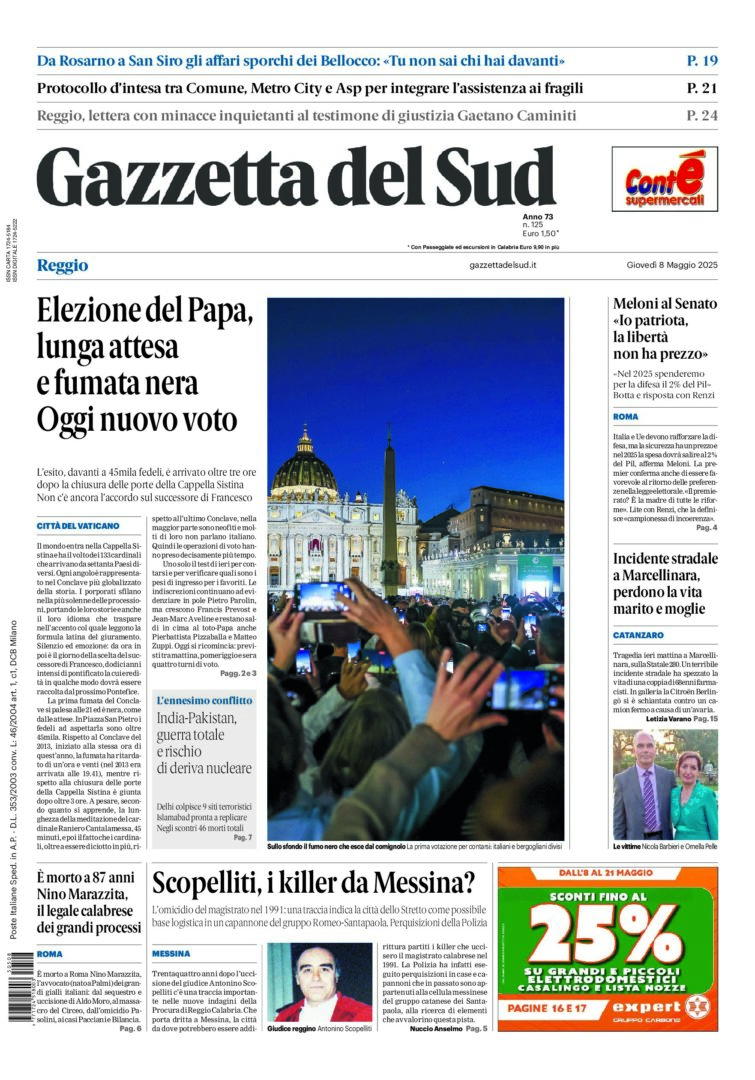 Prima-pagina-gazzetta-del-sud-calabria-di-oggi-08-05-2025