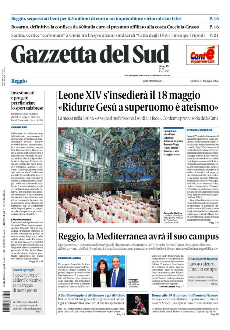 Prima-pagina-gazzetta-del-sud-calabria-di-oggi-10-05-2025