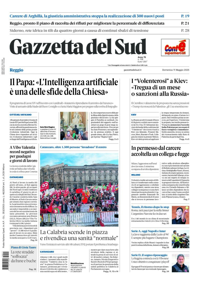 Prima-pagina-gazzetta-del-sud-calabria-di-oggi-11-05-2025