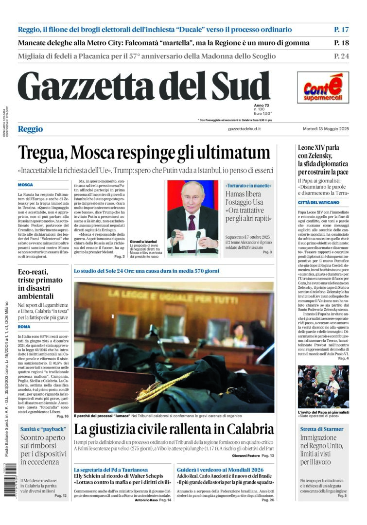 Prima-pagina-gazzetta-del-sud-calabria-di-oggi-13-05-2025