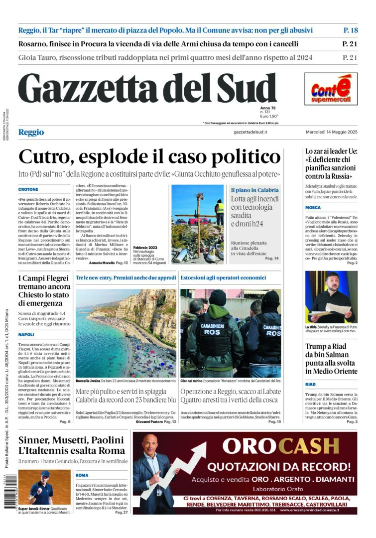 Prima-pagina-gazzetta-del-sud-calabria-di-oggi-14-05-2025