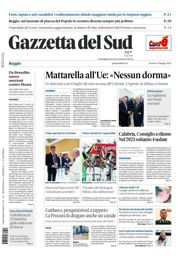 Prima-pagina-gazzetta-del-sud-calabria-di-oggi-15-05-2025