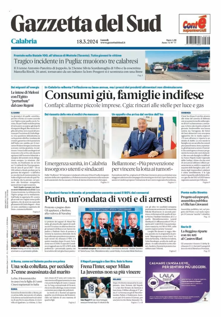 Prima-pagina-gazzetta-del-sud-calabria-di-oggi-18-03-2024