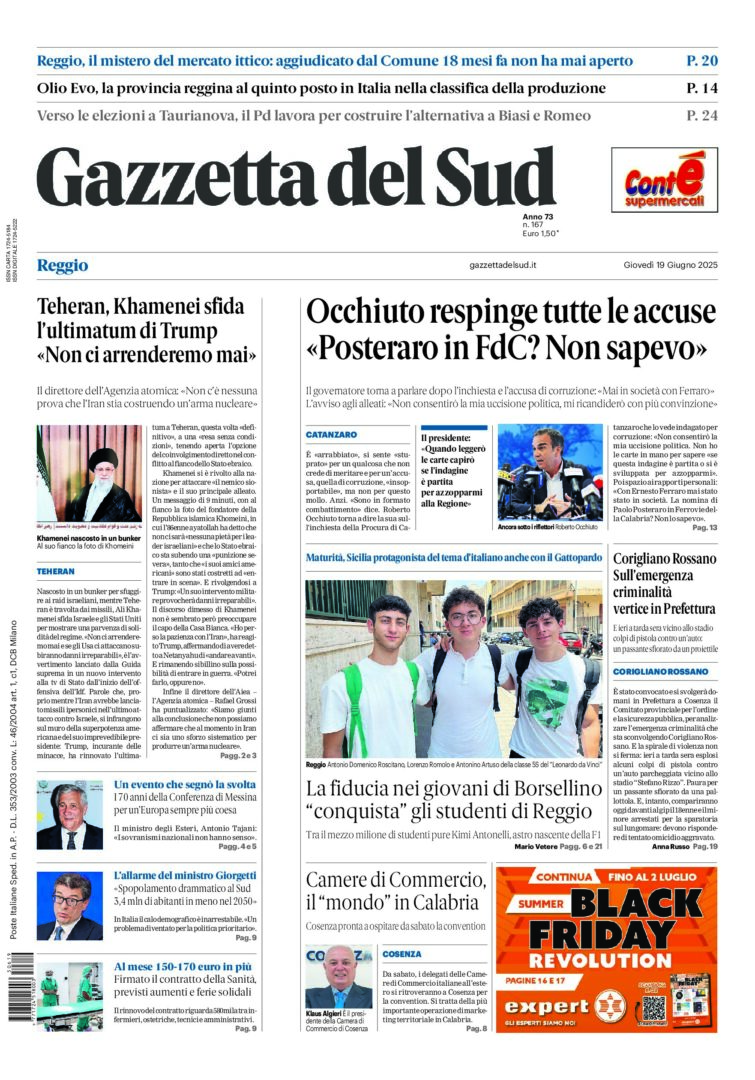 Prima-pagina-gazzetta-del-sud-calabria-di-oggi-19-06-2025