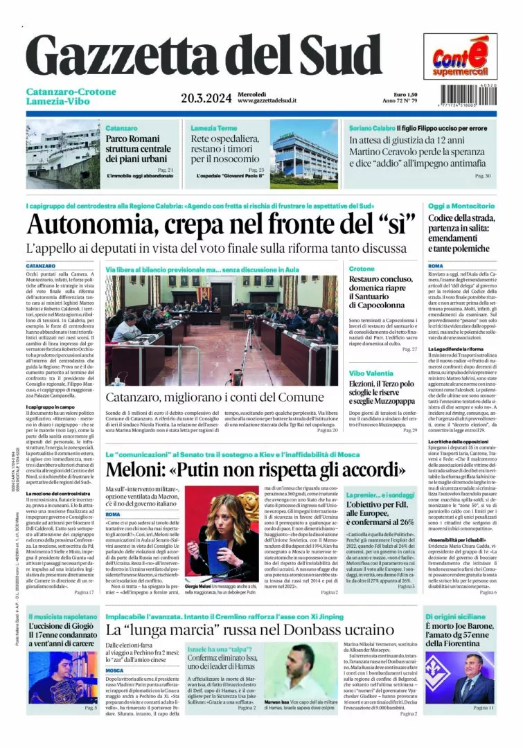 Prima-pagina-gazzetta-del-sud-calabria-di-oggi-20-03-2024