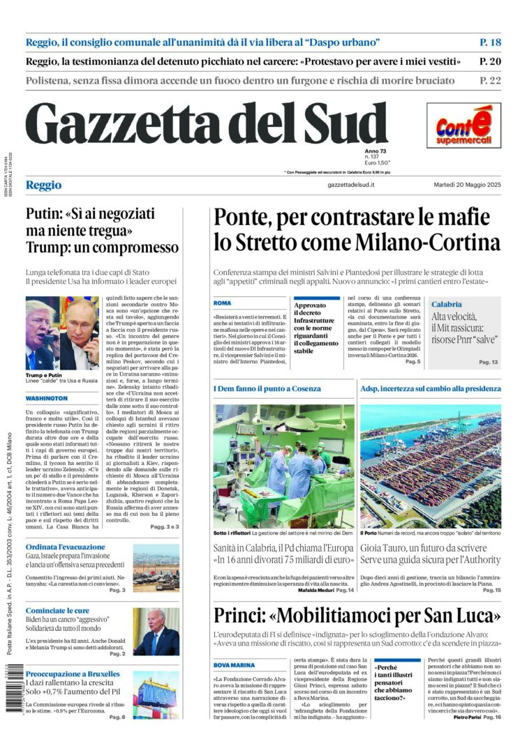 Prima-pagina-gazzetta-del-sud-calabria-di-oggi-20-05-2025
