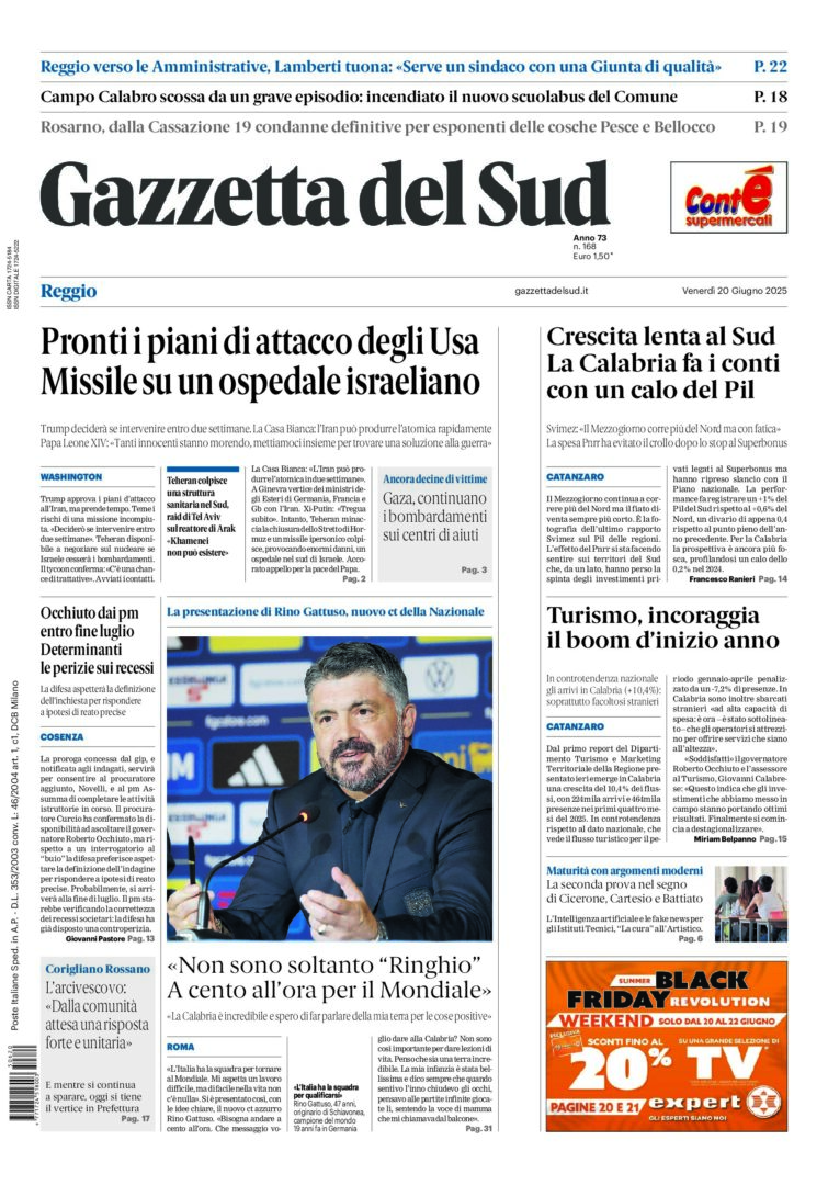 Prima-pagina-gazzetta-del-sud-calabria-di-oggi-20-06-2025