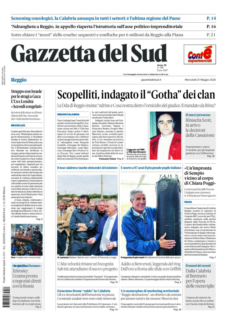 Prima-pagina-gazzetta-del-sud-calabria-di-oggi-21-05-2025
