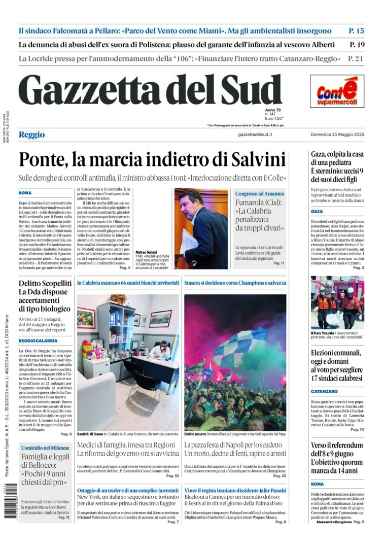 Prima-pagina-gazzetta-del-sud-calabria-di-oggi-25-05-2025