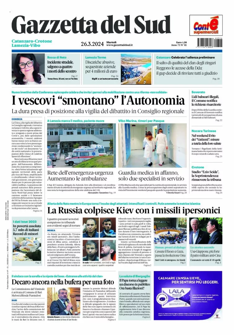 Prima-pagina-gazzetta-del-sud-calabria-di-oggi-26-03-2024