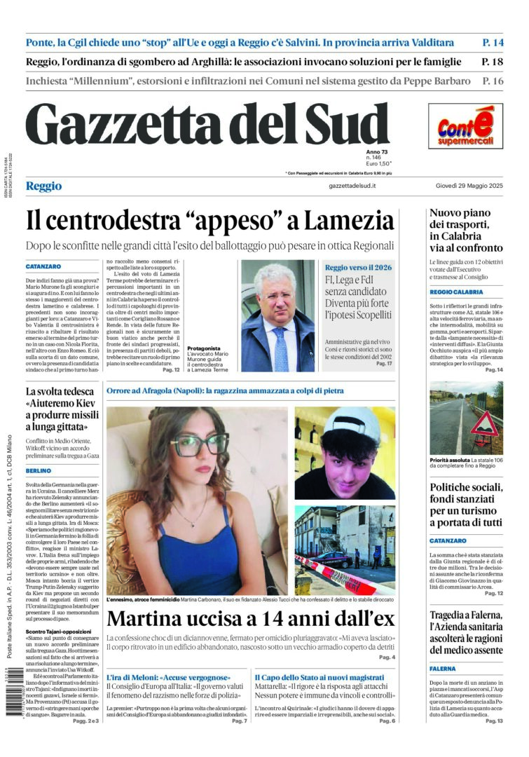 Prima-pagina-gazzetta-del-sud-calabria-di-oggi-29-05-2025