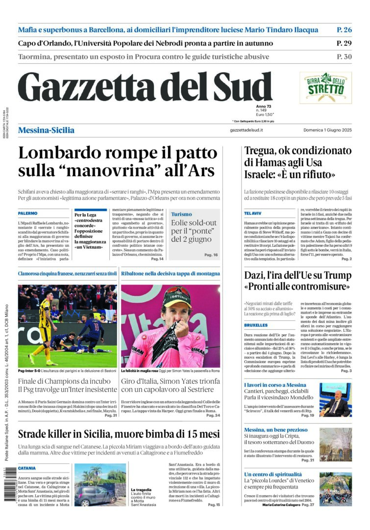 Prima-pagina-gazzetta-del-sud-messina-edizione-di-oggi-01-06-2025