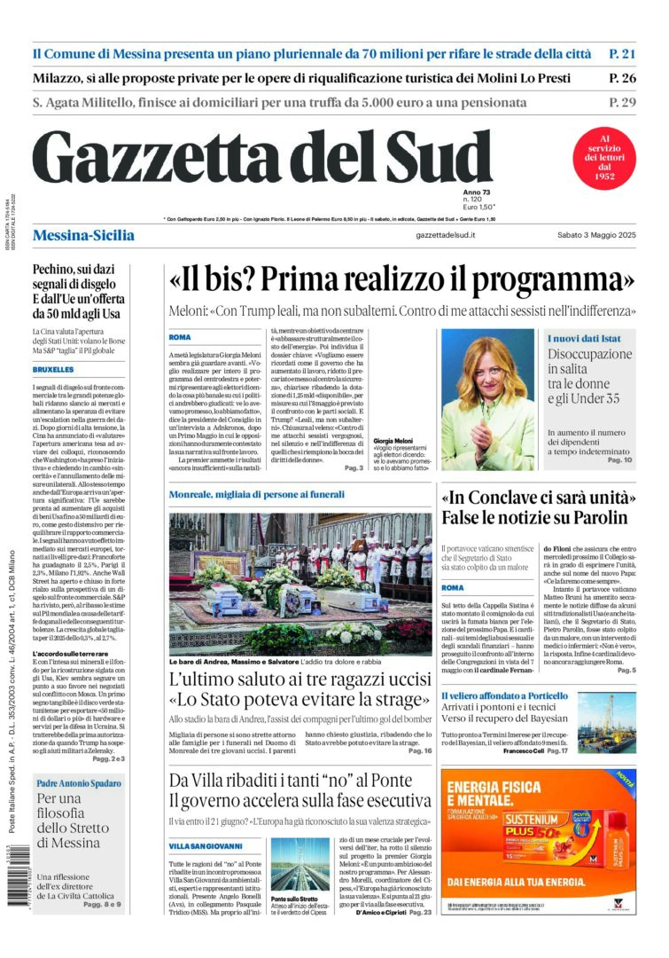 Prima-pagina-gazzetta-del-sud-messina-edizione-di-oggi-03-05-2025