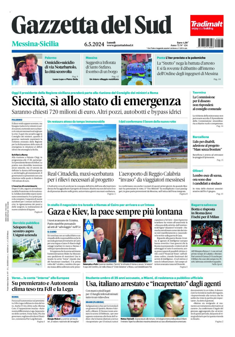Prima-pagina-gazzetta-del-sud-messina-edizione-di-oggi-06-05-2024